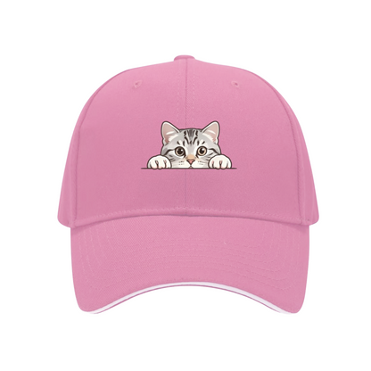 Adorable Peeking Tabby Cat Pink Sandwich Brim Baseball Cap Cute Pet Lover Hat