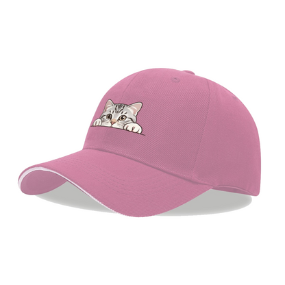 Adorable Peeking Tabby Cat Pink Sandwich Brim Baseball Cap Cute Pet Lover Hat