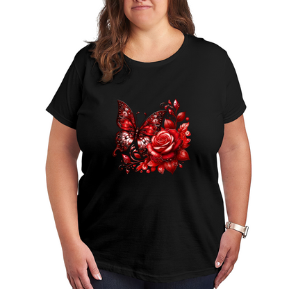 Romantic Red Butterfly And Rose Art Plus Size Women's Printed T-Shirt