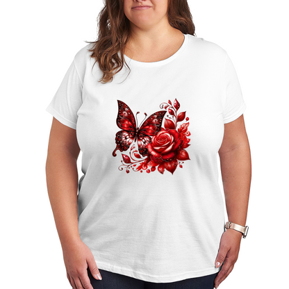 Romantic Red Butterfly And Rose Art Plus Size Women's Printed T-Shirt