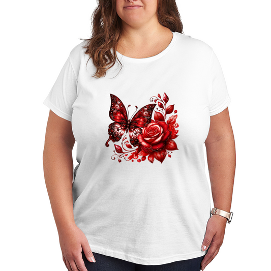 Romantic Red Butterfly And Rose Art Plus Size Women's Printed T-Shirt