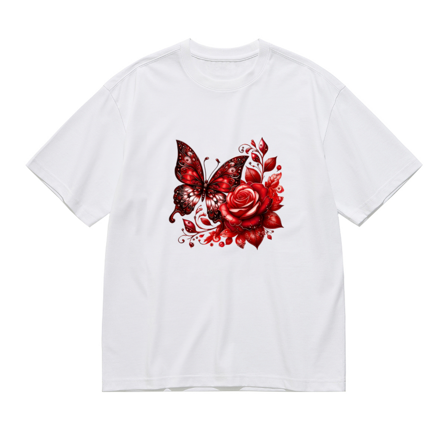 Romantic Red Butterfly And Rose Art Plus Size Women's Printed T-Shirt