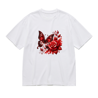 Romantic Red Butterfly And Rose Art Plus Size Women's Printed T-Shirt