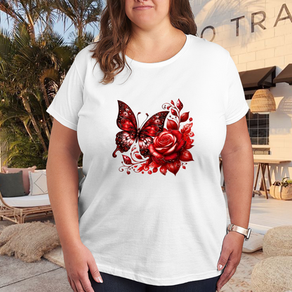 Romantic Red Butterfly And Rose Art Plus Size Women's Printed T-Shirt