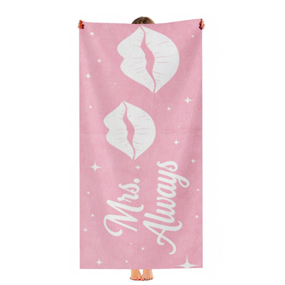Romantic Mrs.Always Lips Print Couple Beach Towel, Silky Soft & Great Water Absorbent, Diverse Sizes Available, Cozy Matching Swim Towel for Wedding Beach Vacation