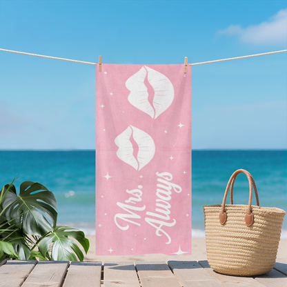 Romantic Mrs.Always Lips Print Couple Beach Towel, Silky Soft & Great Water Absorbent, Diverse Sizes Available, Cozy Matching Swim Towel for Wedding Beach Vacation