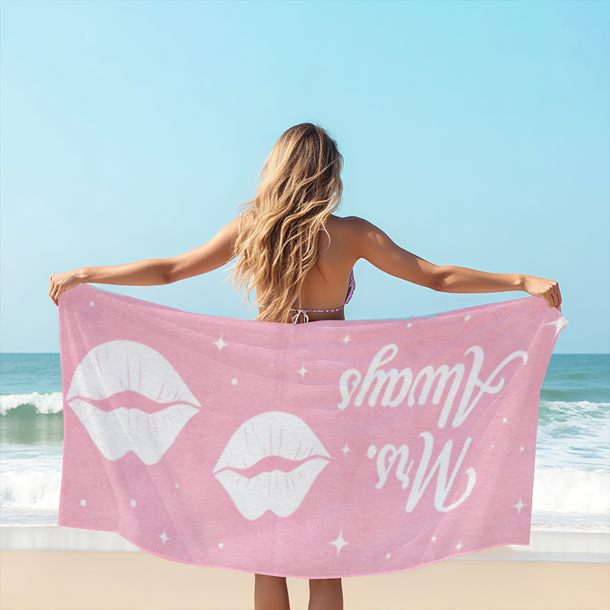 Romantic Mrs.Always Lips Print Couple Beach Towel, Silky Soft & Great Water Absorbent, Diverse Sizes Available, Cozy Matching Swim Towel for Wedding Beach Vacation