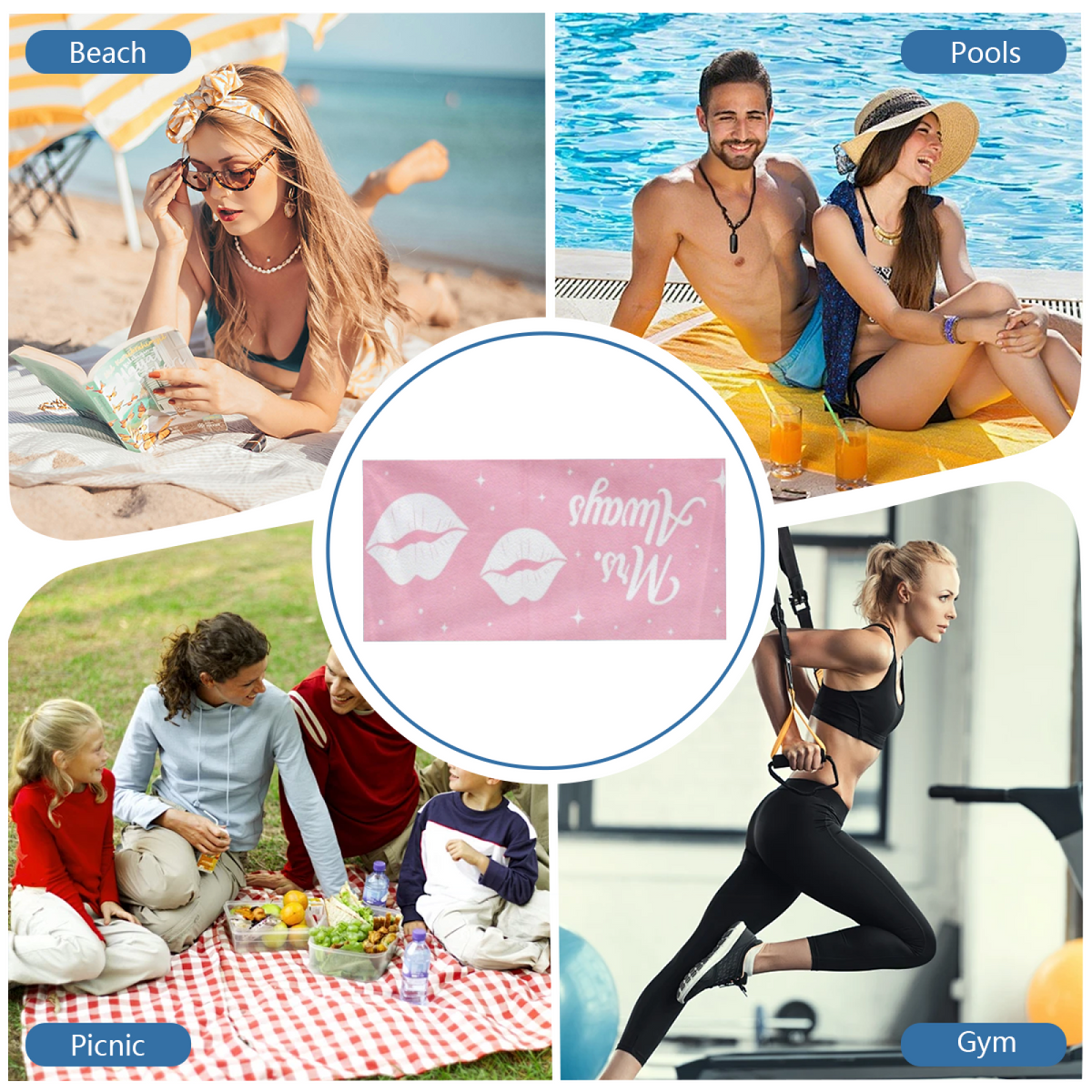 Romantic Mrs.Always Lips Print Couple Beach Towel, Silky Soft & Great Water Absorbent, Diverse Sizes Available, Cozy Matching Swim Towel for Wedding Beach Vacation