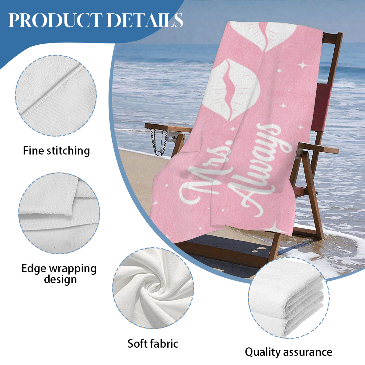 Romantic Mrs.Always Lips Print Couple Beach Towel, Silky Soft & Great Water Absorbent, Diverse Sizes Available, Cozy Matching Swim Towel for Wedding Beach Vacation