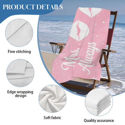 Romantic Mrs.Always Lips Print Couple Beach Towel, Silky Soft & Great Water Absorbent, Diverse Sizes Available, Cozy Matching Swim Towel for Wedding Beach Vacation