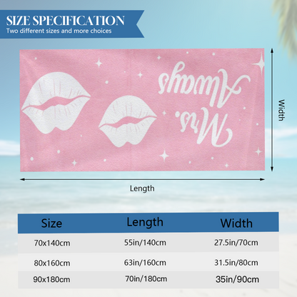 Romantic Mrs.Always Lips Print Couple Beach Towel, Silky Soft & Great Water Absorbent, Diverse Sizes Available, Cozy Matching Swim Towel for Wedding Beach Vacation