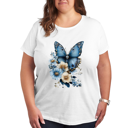 Soft Watercolor Big Blue Butterfly Wild Floral Print Plus Size White Ladies Tee
