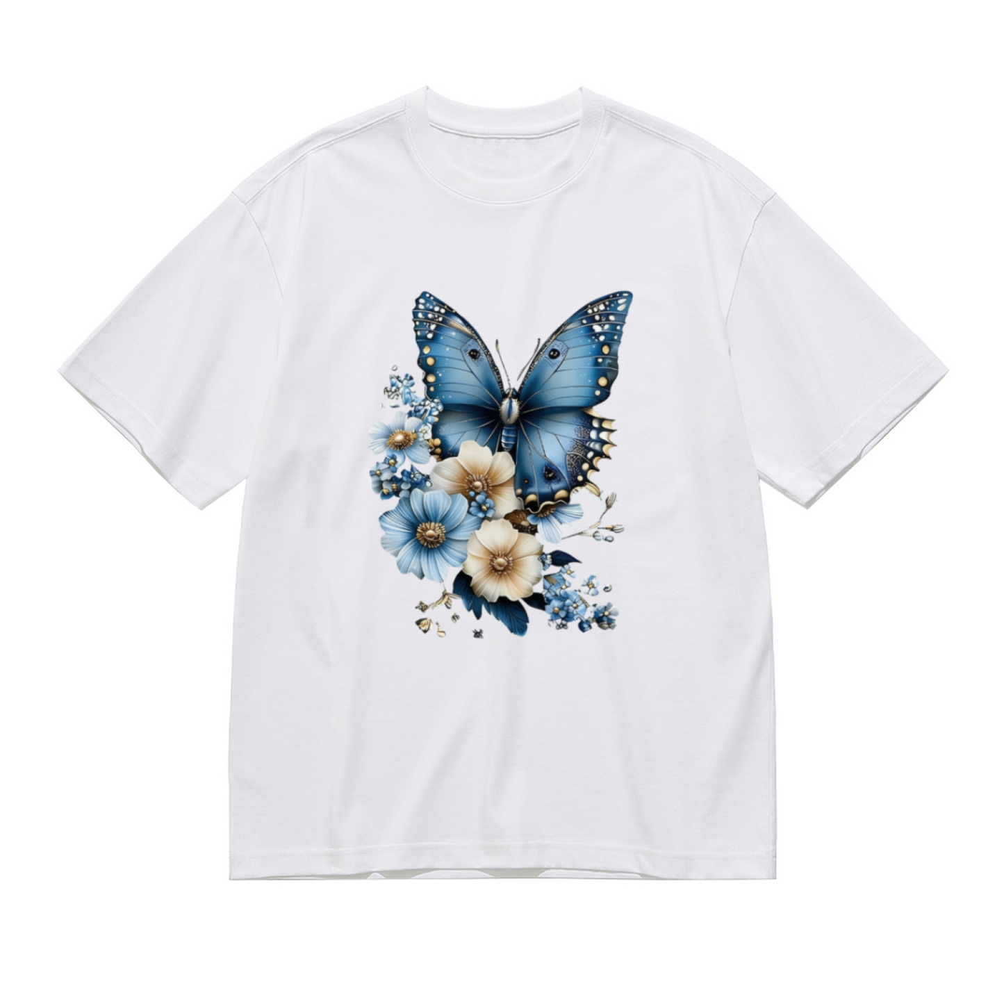 Soft Watercolor Big Blue Butterfly Wild Floral Print Plus Size White Ladies Tee