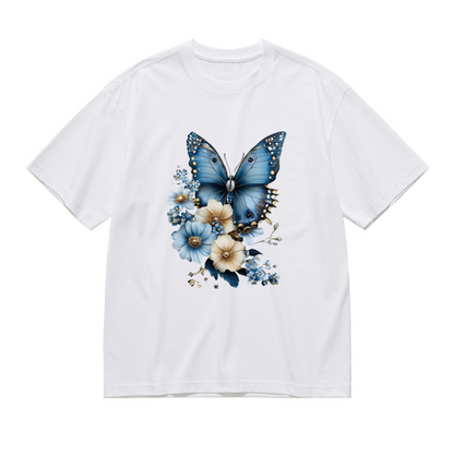 Soft Watercolor Big Blue Butterfly Wild Floral Print Plus Size White Ladies Tee