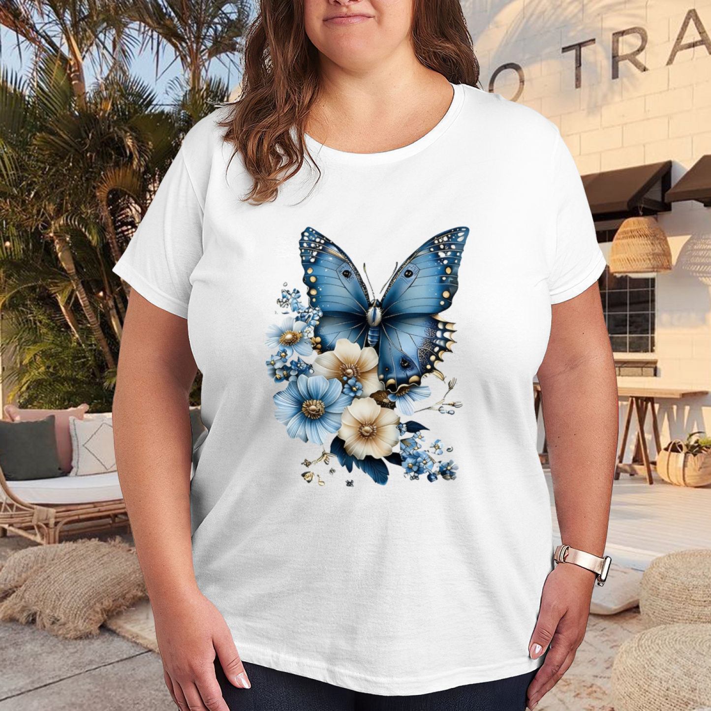 Soft Watercolor Big Blue Butterfly Wild Floral Print Plus Size White Ladies Tee