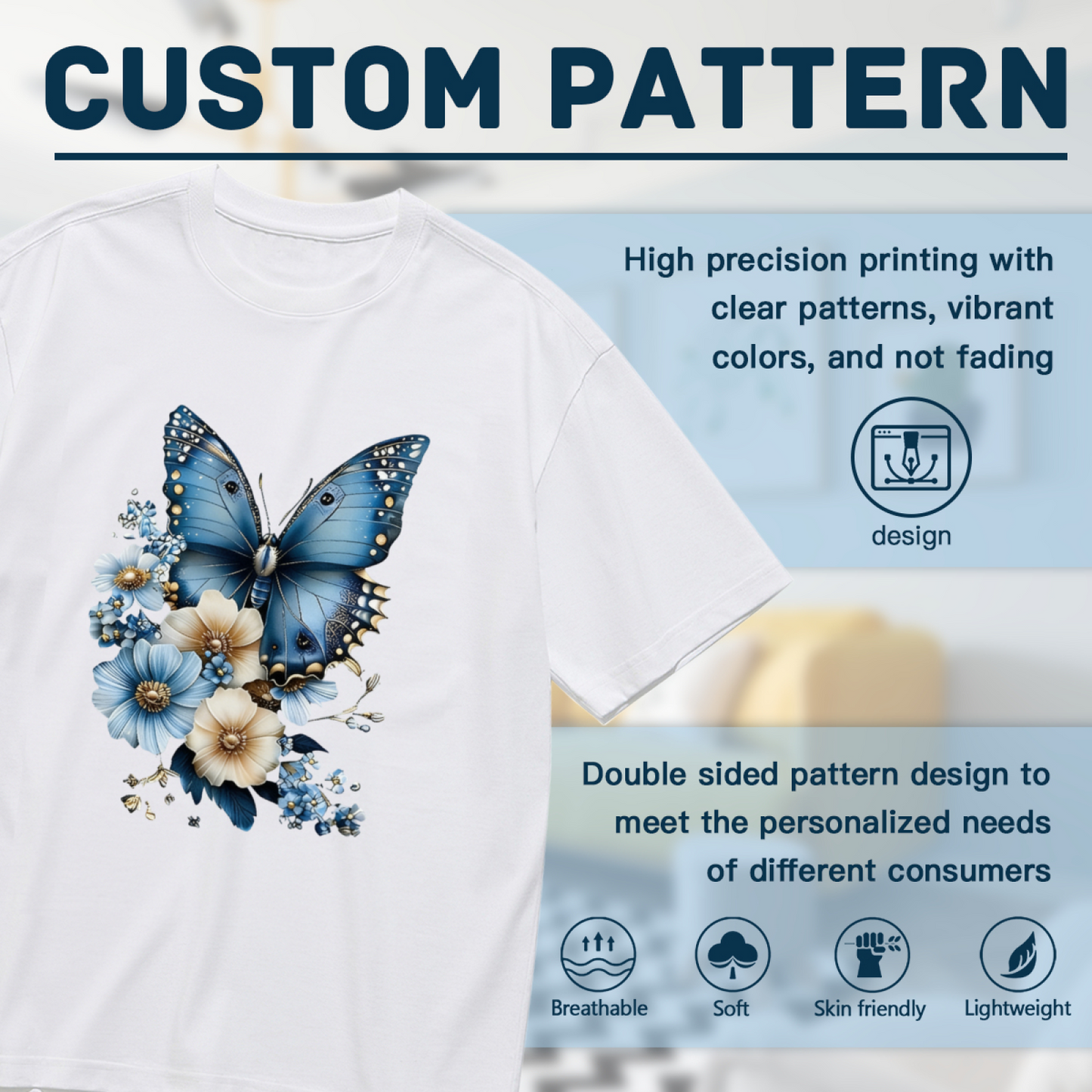 Soft Watercolor Big Blue Butterfly Wild Floral Print Plus Size White Ladies Tee