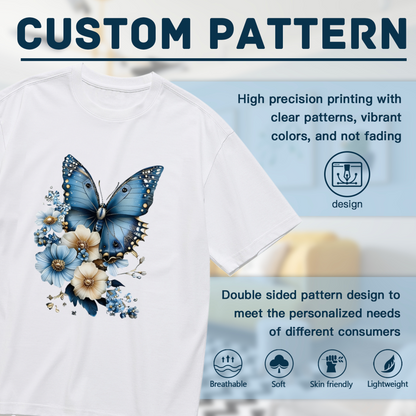Soft Watercolor Big Blue Butterfly Wild Floral Print Plus Size White Ladies Tee
