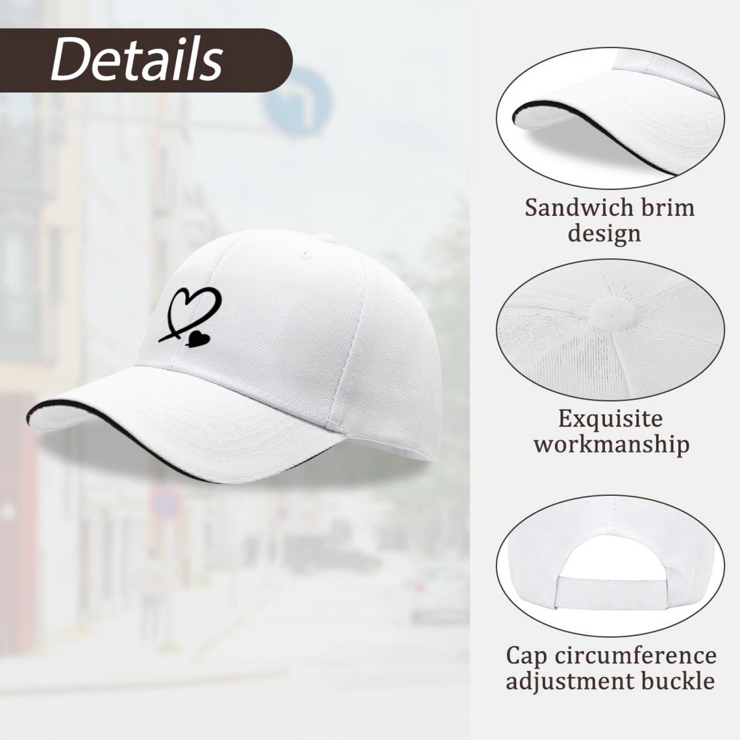Intertwined Double Hearts White Sandwich Baseball Cap, Sweet Couple Daily Hat