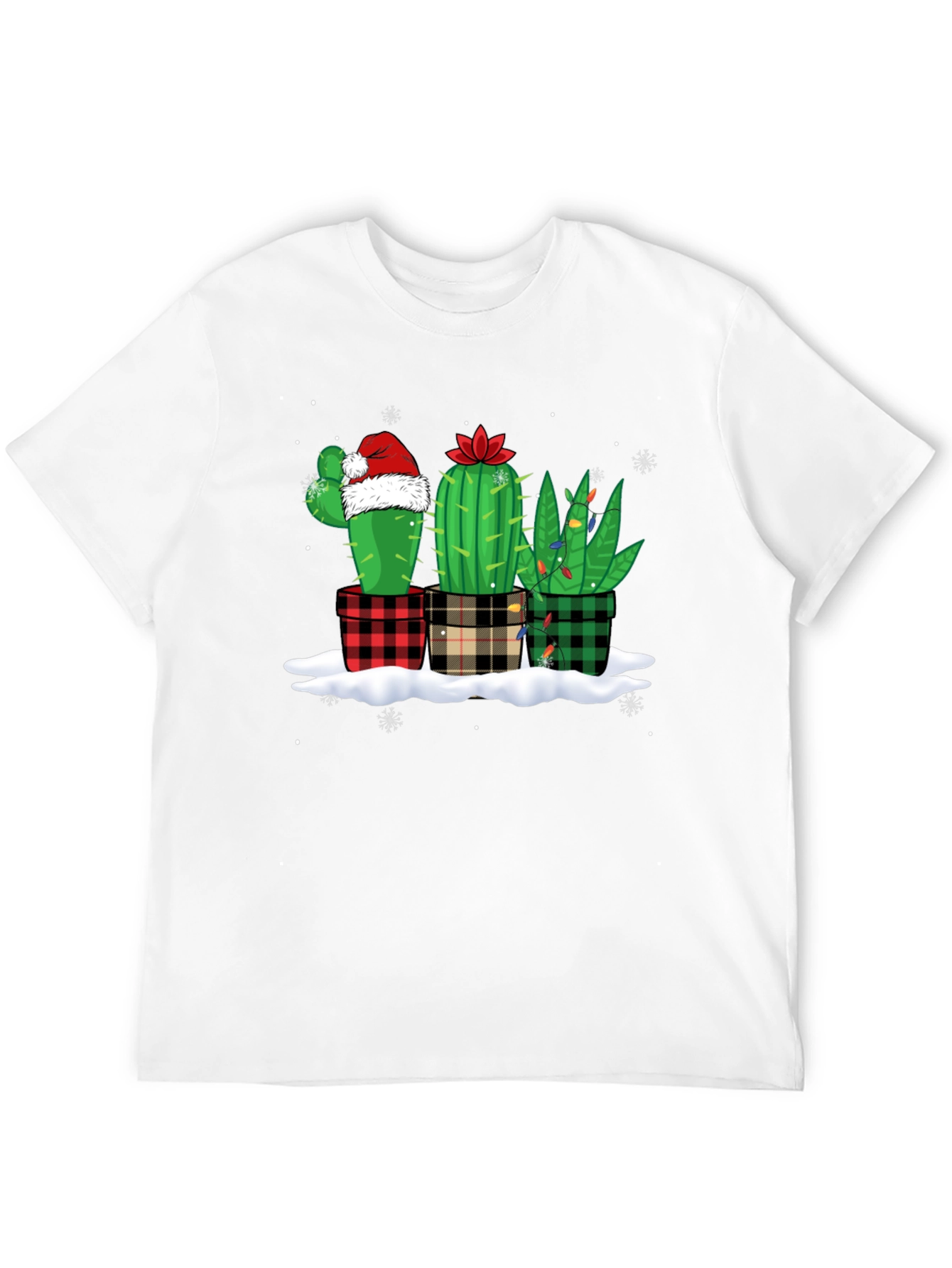Holiday Cactus T-Shirt: Plaid Pots & Santa Hat