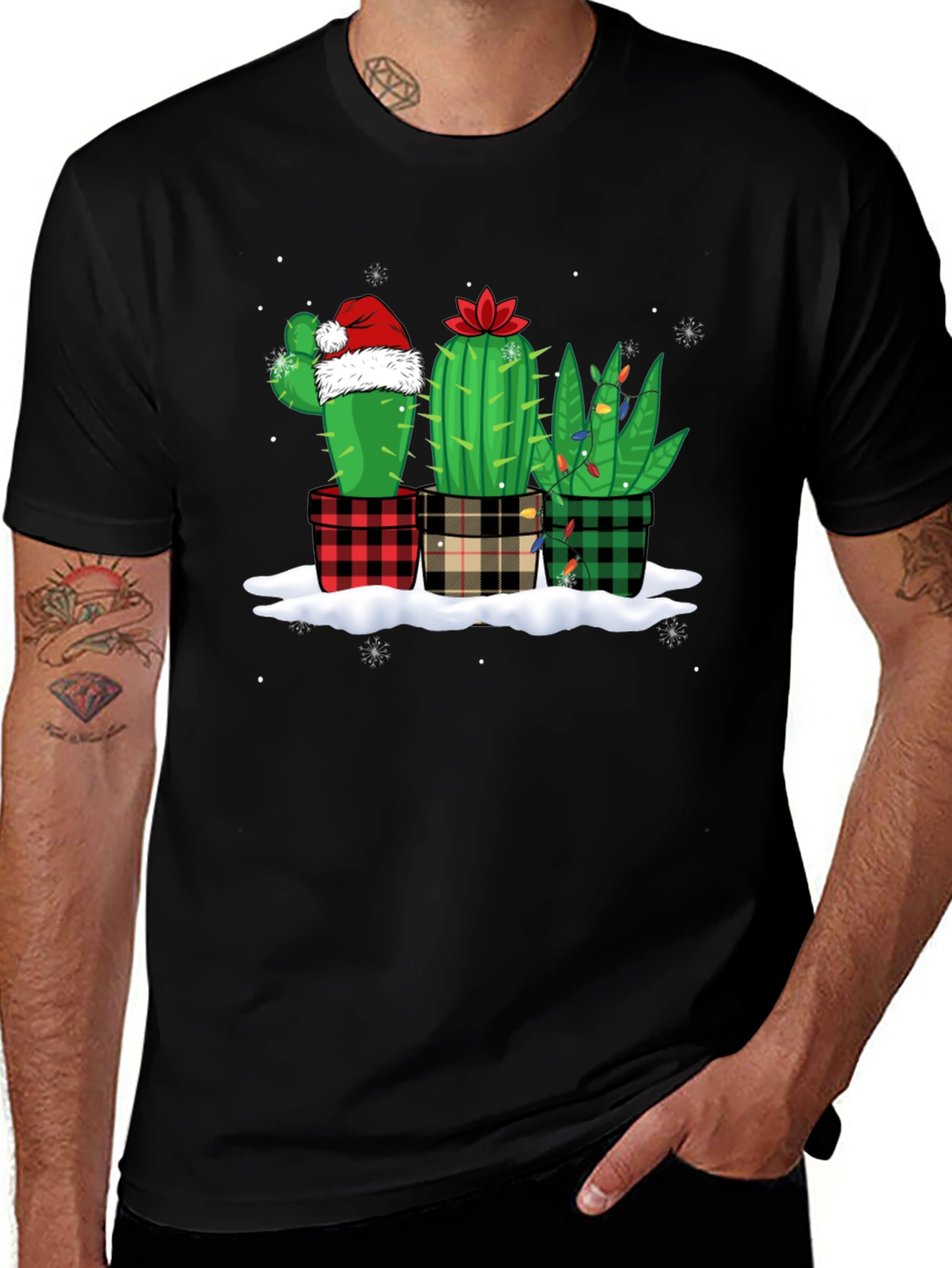 Holiday Cactus T-Shirt: Plaid Pots & Santa Hat