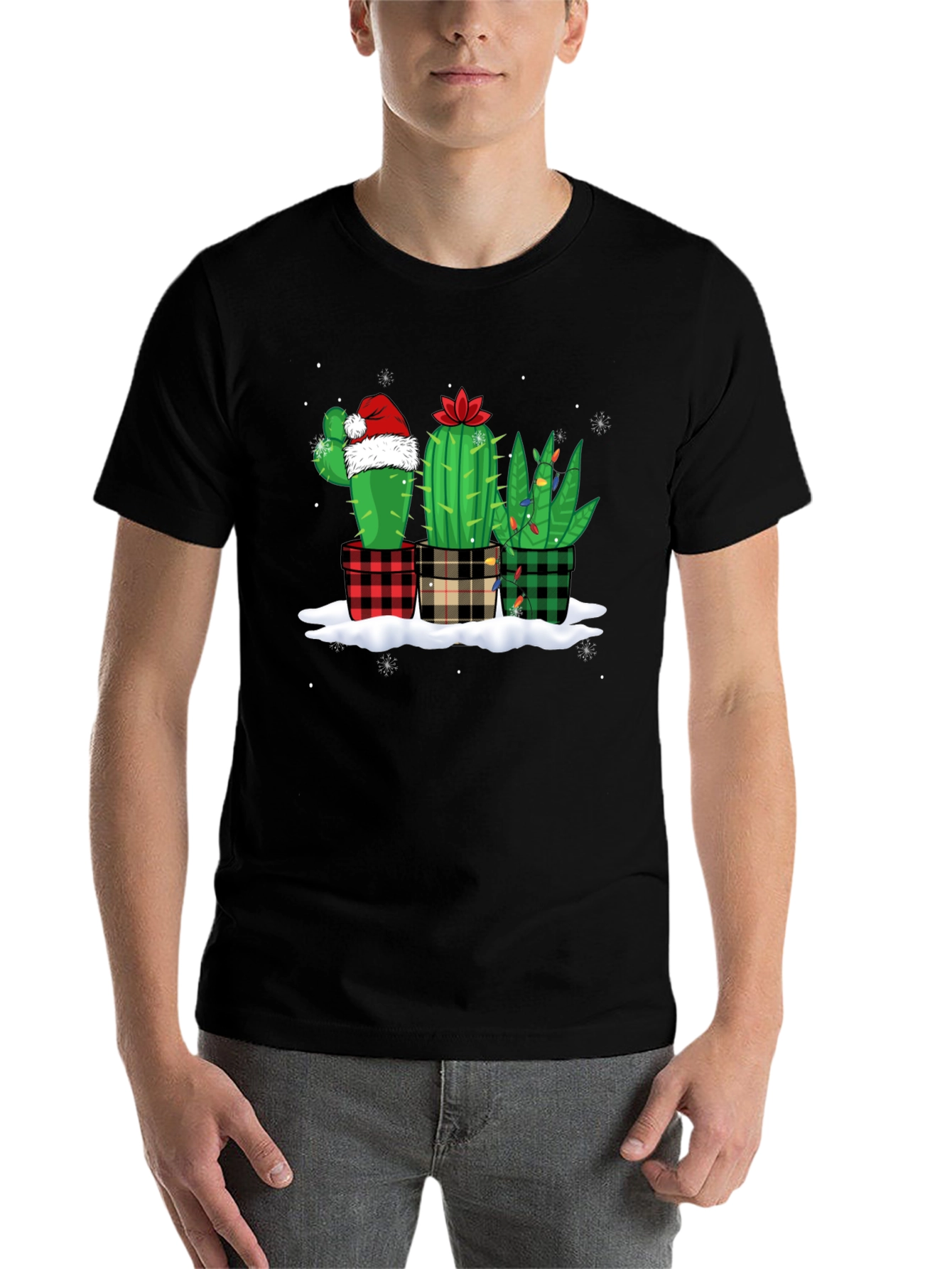 Holiday Cactus T-Shirt: Plaid Pots & Santa Hat