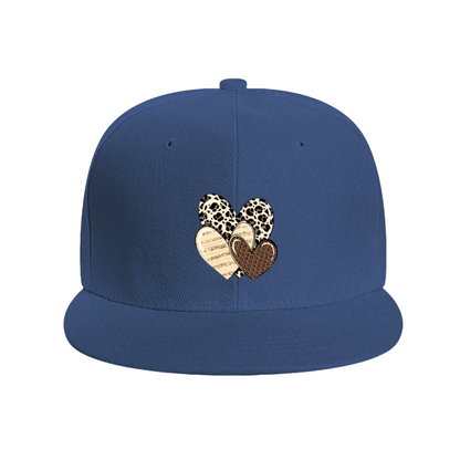 Leopard & Wood Grain Stacked Hearts Print Flat Brim Sun Hat, Boho Vintage Women Hip Hop Cap