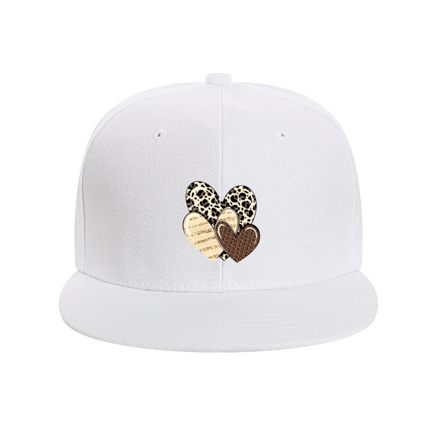Leopard & Wood Grain Stacked Hearts Print Flat Brim Sun Hat, Boho Vintage Women Hip Hop Cap