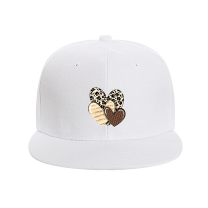 Leopard & Wood Grain Stacked Hearts Print Flat Brim Sun Hat, Boho Vintage Women Hip Hop Cap