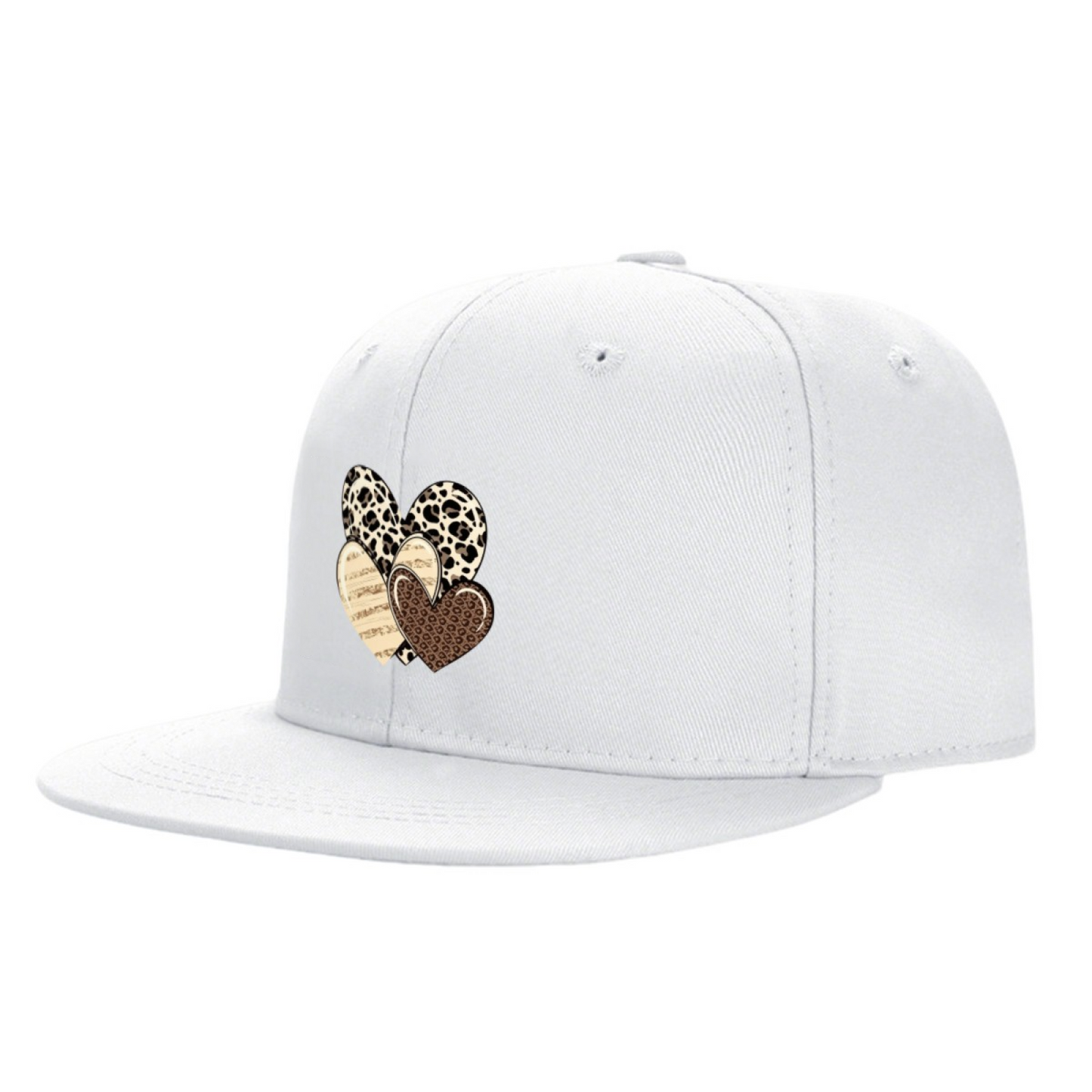 Leopard & Wood Grain Stacked Hearts Print Flat Brim Sun Hat, Boho Vintage Women Hip Hop Cap