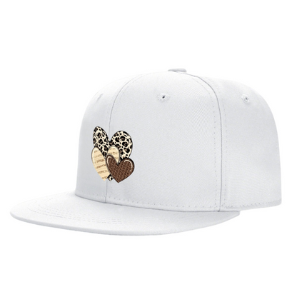Leopard & Wood Grain Stacked Hearts Print Flat Brim Sun Hat, Boho Vintage Women Hip Hop Cap