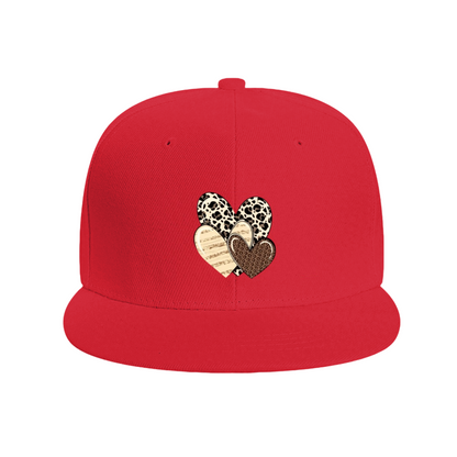 Leopard & Wood Grain Stacked Hearts Print Flat Brim Sun Hat, Boho Vintage Women Hip Hop Cap
