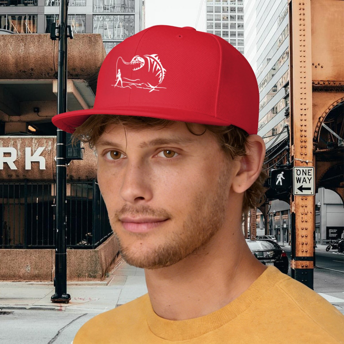 Monster Fish Skeleton Fishing Red Flat Brim Hat, Angler Outdoor Sun Snapback Cap