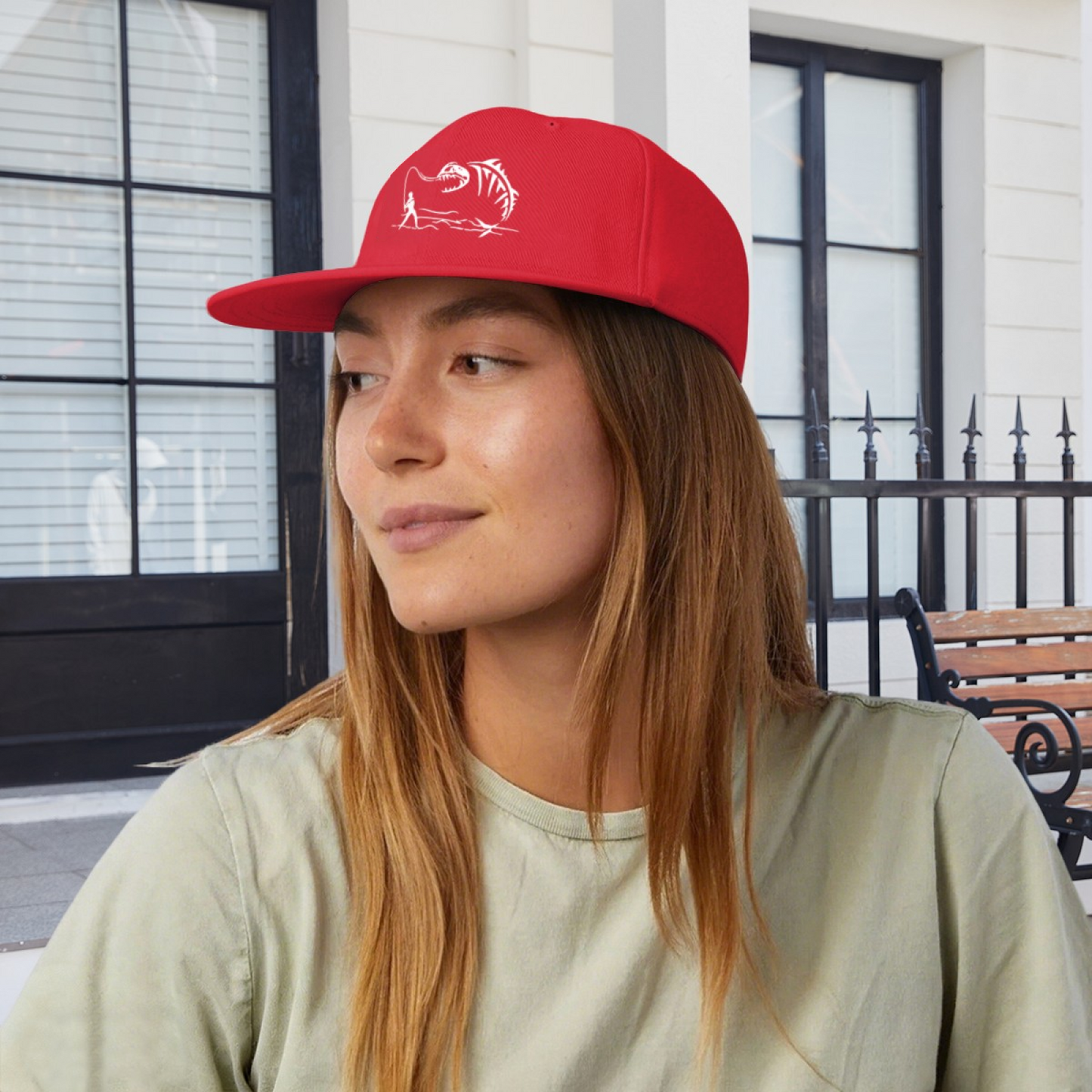 Monster Fish Skeleton Fishing Red Flat Brim Hat, Angler Outdoor Sun Snapback Cap
