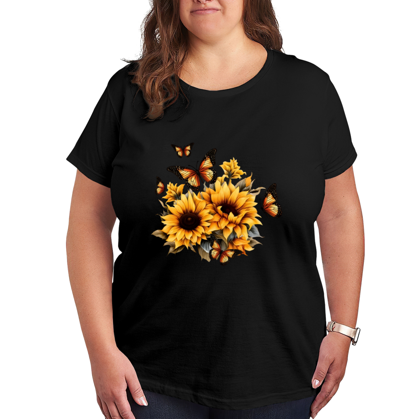 Warm Sunflower & Monarch Butterflies Floral Plus Size Women¡¯s Printed T-Shirt