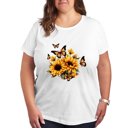 Warm Sunflower & Monarch Butterflies Floral Plus Size Women¡¯s Printed T-Shirt