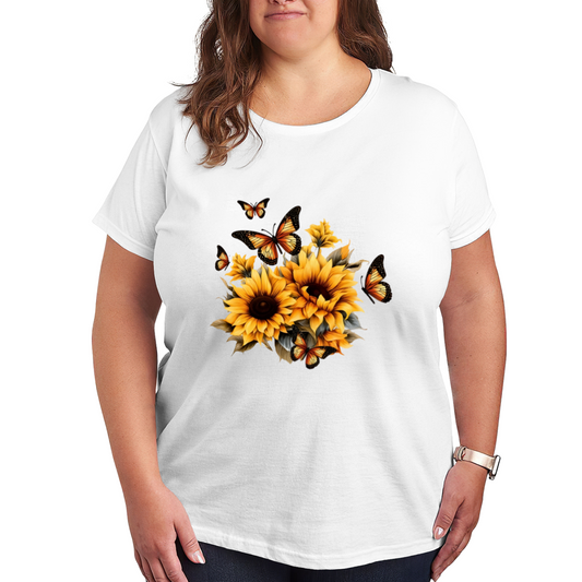 Warm Sunflower & Monarch Butterflies Floral Plus Size Women¡¯s Printed T-Shirt
