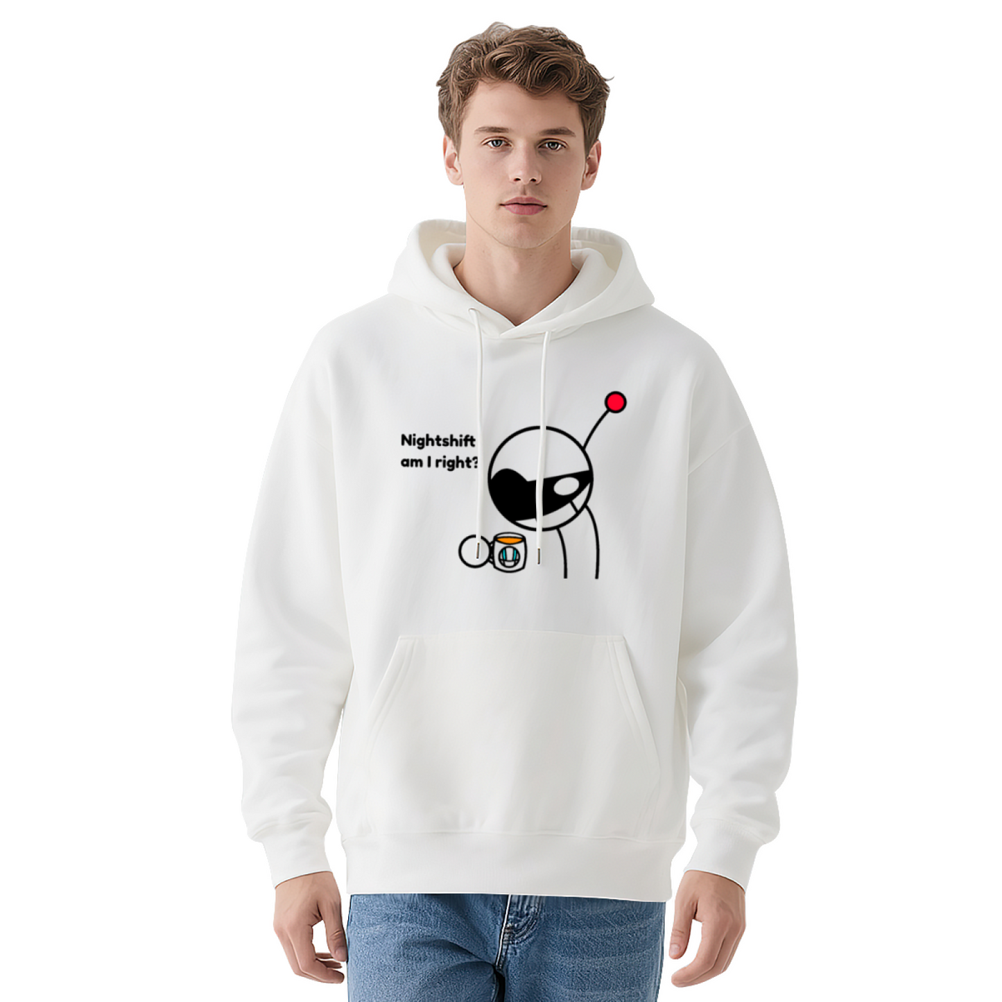Nightshift Am I Right Alien Stick Figure Funny Hoodie, Worker Cozy Comfort Pullover