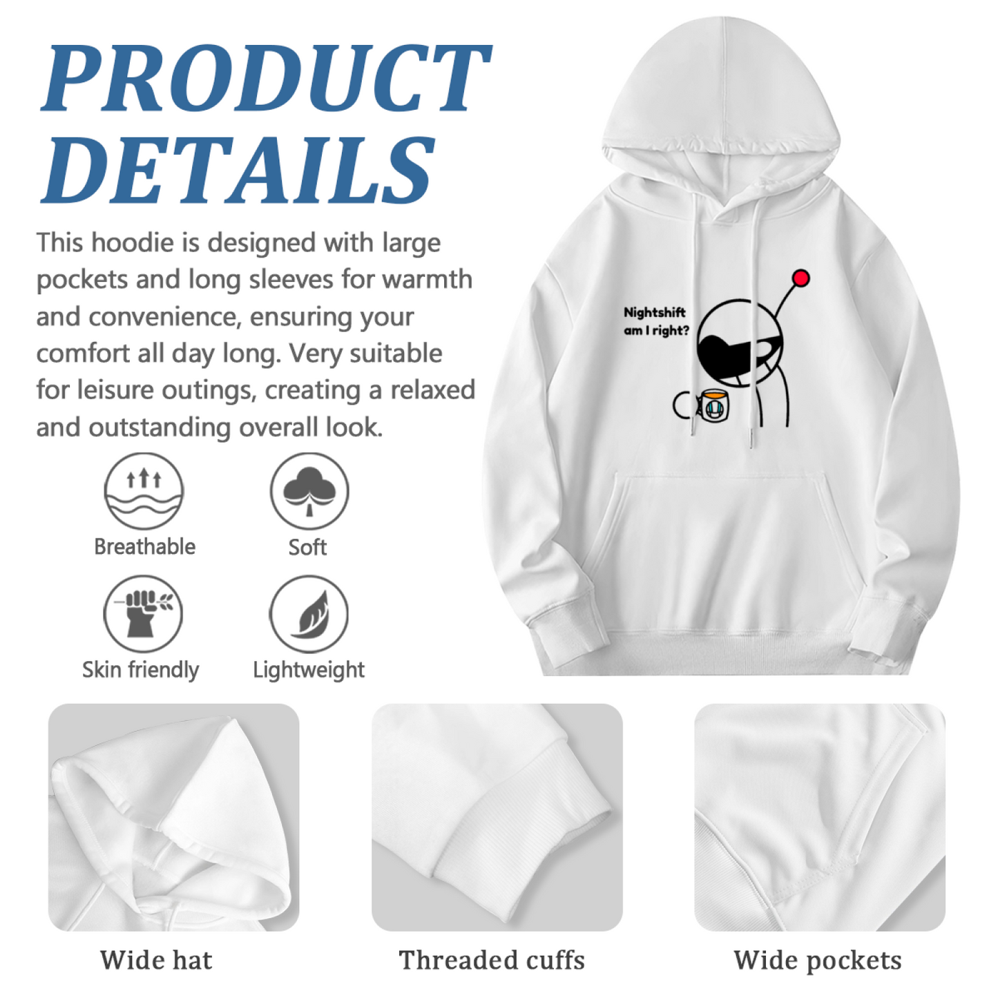 Nightshift Am I Right Alien Stick Figure Funny Hoodie, Worker Cozy Comfort Pullover