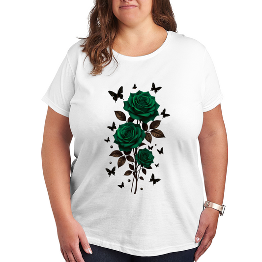 Elegant Dark Green Rose & Black Butterfly Floral Plus Size Women Printed T-Shirt