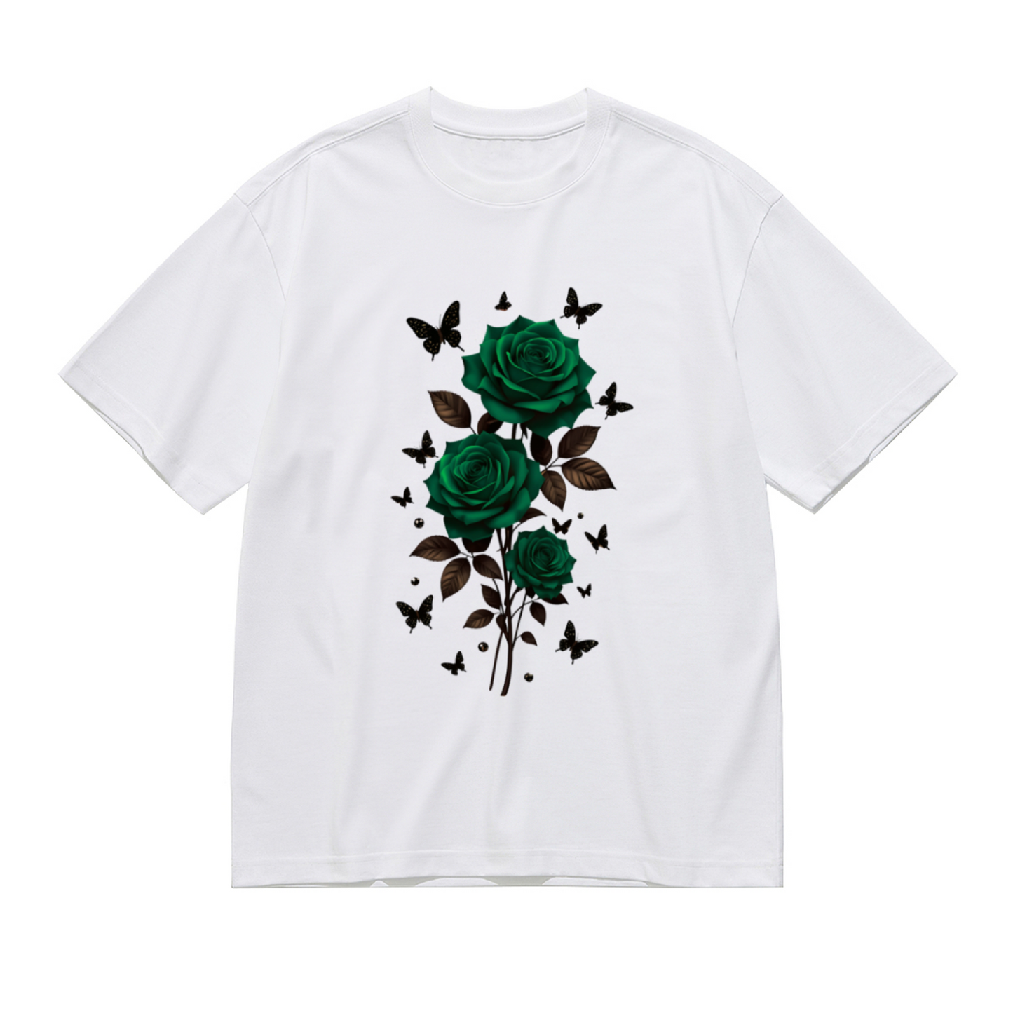 Elegant Dark Green Rose & Black Butterfly Floral Plus Size Women Printed T-Shirt