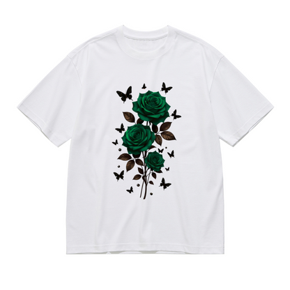 Elegant Dark Green Rose & Black Butterfly Floral Plus Size Women Printed T-Shirt