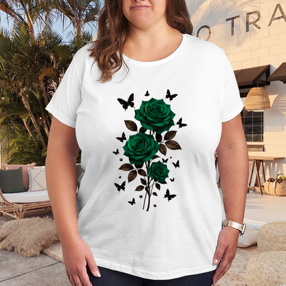 Elegant Dark Green Rose & Black Butterfly Floral Plus Size Women Printed T-Shirt