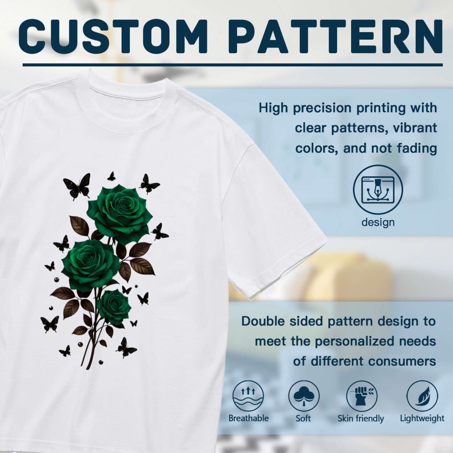 Elegant Dark Green Rose & Black Butterfly Floral Plus Size Women Printed T-Shirt
