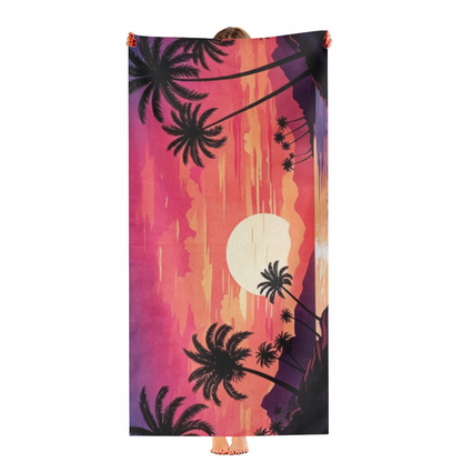 Tropical Sunset Palm Tree Retro Beach Towel, Ultra Comfortable, Soft and Super Water Absorbent for Summer Vacation
