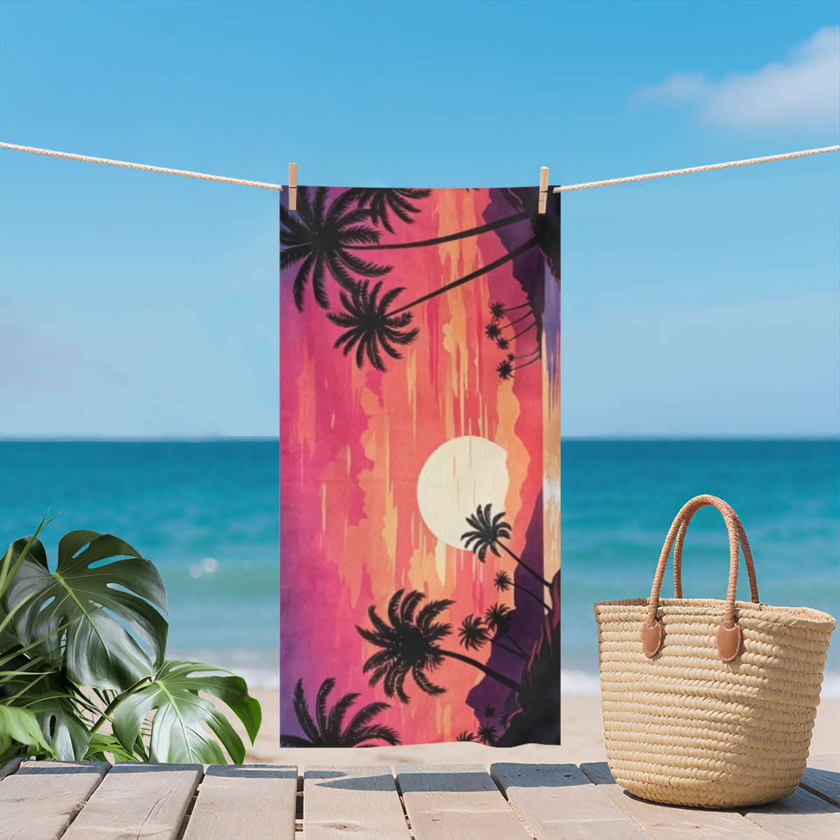 Tropical Sunset Palm Tree Retro Beach Towel, Ultra Comfortable, Soft and Super Water Absorbent for Summer Vacation