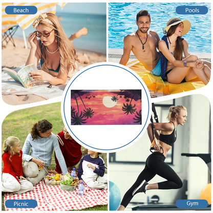 Tropical Sunset Palm Tree Retro Beach Towel, Ultra Comfortable, Soft and Super Water Absorbent for Summer Vacation