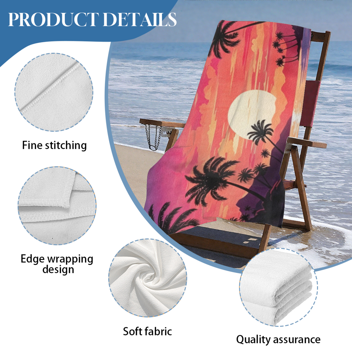 Tropical Sunset Palm Tree Retro Beach Towel, Ultra Comfortable, Soft and Super Water Absorbent for Summer Vacation