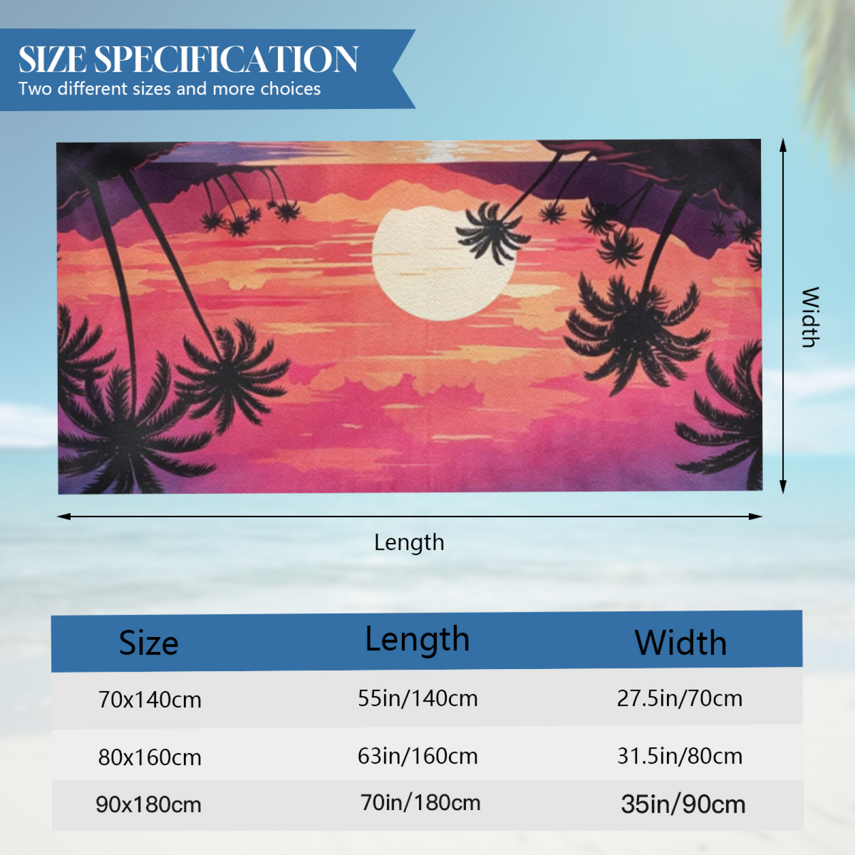Tropical Sunset Palm Tree Retro Beach Towel, Ultra Comfortable, Soft and Super Water Absorbent for Summer Vacation