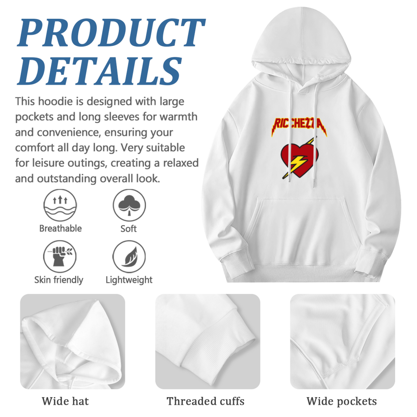 Retro Ricchezza Lightning Heart White Hoodie, Unisex Soft Y2K Style Hooded Top