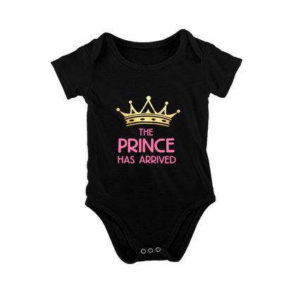 The Prince Has Arrived Golden Crown Baby Boy Black Onesie
